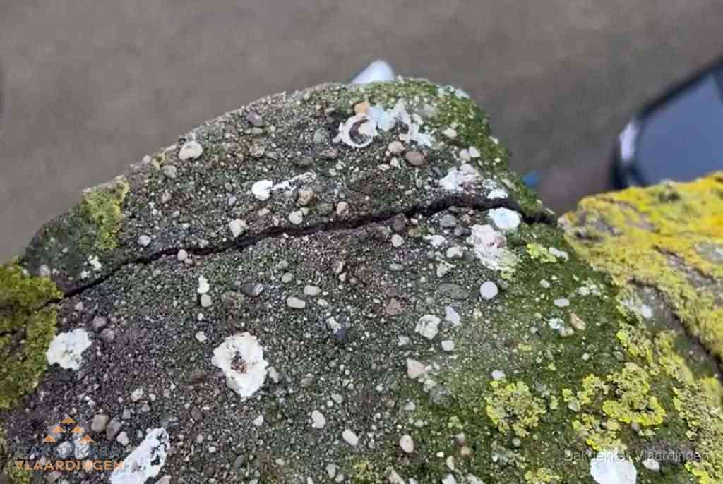 Beschadigde en verweerde nokvorst met scheuren en mos in Vlaardingen Beschadigde en verweerde nokvorst met scheuren en mos in Vlaardingen