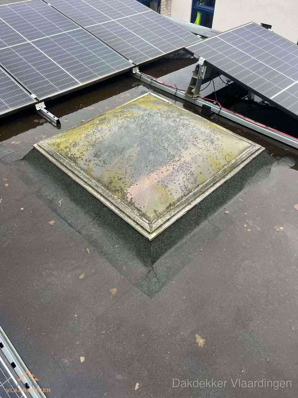 Vervuilde lichtkoepel op plat dak met zonnepanelen in Vlaardingen Vervuilde lichtkoepel op plat dak met zonnepanelen in Vlaardingen